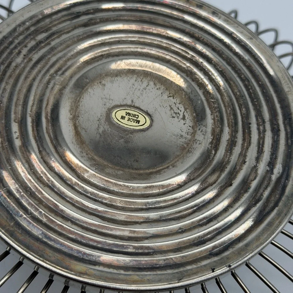 Vintage Silver Tone Wire Fruit Basket Scalloped Rim Mid Century Modern Style